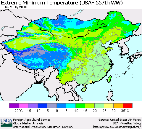 China, Mongolia and Taiwan Minimum Daily Temperature (USAF 557th WW) Thematic Map For 7/2/2018 - 7/8/2018