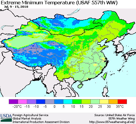 China, Mongolia and Taiwan Minimum Daily Temperature (USAF 557th WW) Thematic Map For 7/9/2018 - 7/15/2018