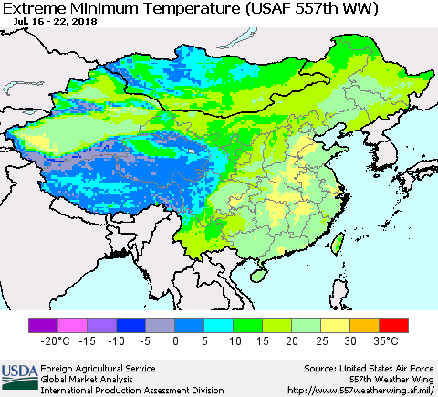 China, Mongolia and Taiwan Minimum Daily Temperature (USAF 557th WW) Thematic Map For 7/16/2018 - 7/22/2018