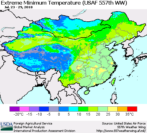 China, Mongolia and Taiwan Minimum Daily Temperature (USAF 557th WW) Thematic Map For 7/23/2018 - 7/29/2018