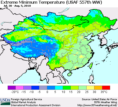 China, Mongolia and Taiwan Minimum Daily Temperature (USAF 557th WW) Thematic Map For 7/30/2018 - 8/5/2018