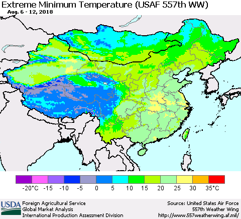 China, Mongolia and Taiwan Minimum Daily Temperature (USAF 557th WW) Thematic Map For 8/6/2018 - 8/12/2018