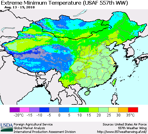 China, Mongolia and Taiwan Minimum Daily Temperature (USAF 557th WW) Thematic Map For 8/13/2018 - 8/19/2018