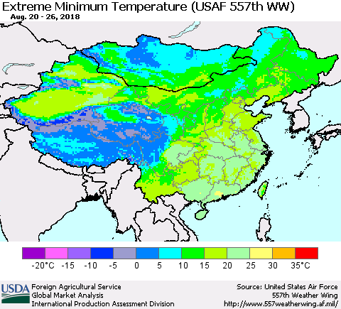 China, Mongolia and Taiwan Minimum Daily Temperature (USAF 557th WW) Thematic Map For 8/20/2018 - 8/26/2018
