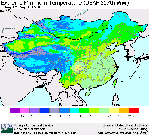 China, Mongolia and Taiwan Minimum Daily Temperature (USAF 557th WW) Thematic Map For 8/27/2018 - 9/2/2018