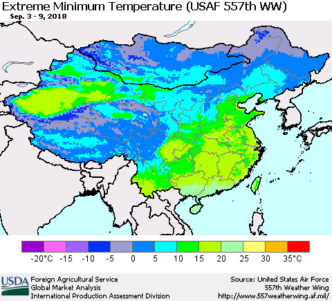 China, Mongolia and Taiwan Minimum Daily Temperature (USAF 557th WW) Thematic Map For 9/3/2018 - 9/9/2018