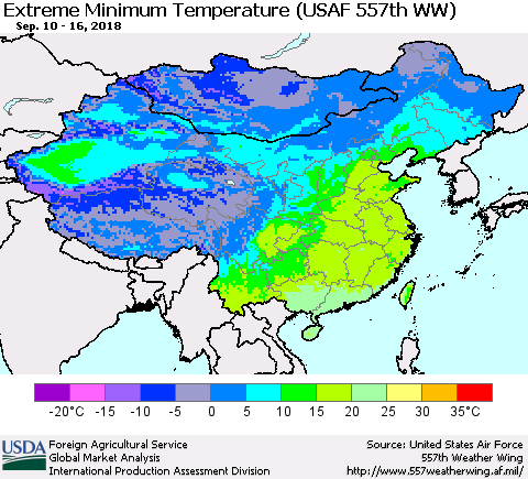 China, Mongolia and Taiwan Minimum Daily Temperature (USAF 557th WW) Thematic Map For 9/10/2018 - 9/16/2018