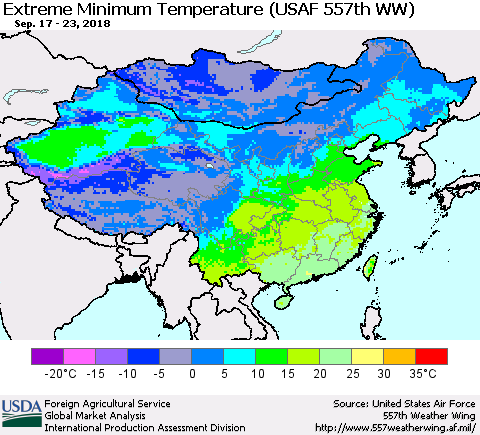 China, Mongolia and Taiwan Minimum Daily Temperature (USAF 557th WW) Thematic Map For 9/17/2018 - 9/23/2018
