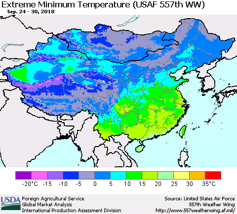 China, Mongolia and Taiwan Minimum Daily Temperature (USAF 557th WW) Thematic Map For 9/24/2018 - 9/30/2018