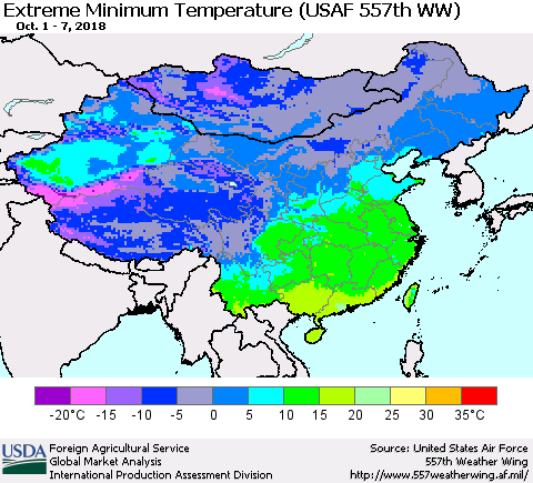 China, Mongolia and Taiwan Minimum Daily Temperature (USAF 557th WW) Thematic Map For 10/1/2018 - 10/7/2018