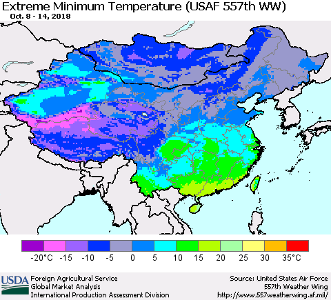 China, Mongolia and Taiwan Minimum Daily Temperature (USAF 557th WW) Thematic Map For 10/8/2018 - 10/14/2018