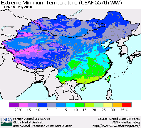 China, Mongolia and Taiwan Minimum Daily Temperature (USAF 557th WW) Thematic Map For 10/15/2018 - 10/21/2018