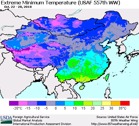 China, Mongolia and Taiwan Minimum Daily Temperature (USAF 557th WW) Thematic Map For 10/22/2018 - 10/28/2018