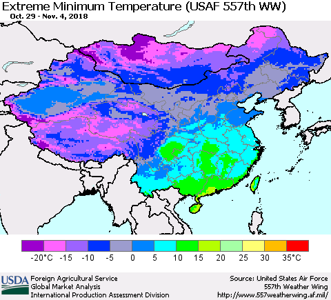 China, Mongolia and Taiwan Minimum Daily Temperature (USAF 557th WW) Thematic Map For 10/29/2018 - 11/4/2018