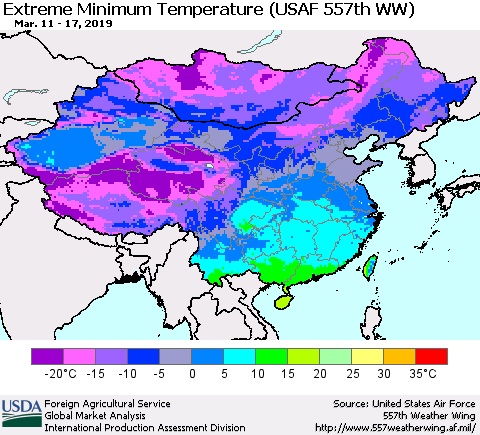 China and Taiwan Extreme Minimum Temperature (USAF 557th WW) Thematic Map For 3/11/2019 - 3/17/2019