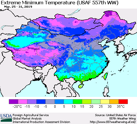 China and Taiwan Extreme Minimum Temperature (USAF 557th WW) Thematic Map For 3/25/2019 - 3/31/2019