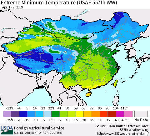 China and Taiwan Extreme Minimum Temperature (USAF 557th WW) Thematic Map For 4/1/2019 - 4/7/2019