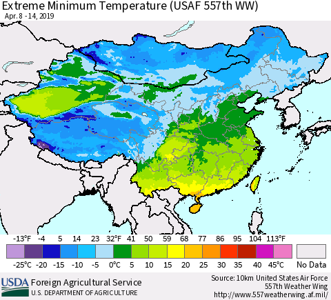 China and Taiwan Extreme Minimum Temperature (USAF 557th WW) Thematic Map For 4/8/2019 - 4/14/2019