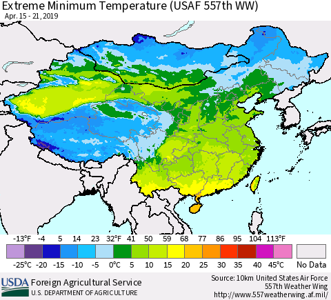 China and Taiwan Extreme Minimum Temperature (USAF 557th WW) Thematic Map For 4/15/2019 - 4/21/2019