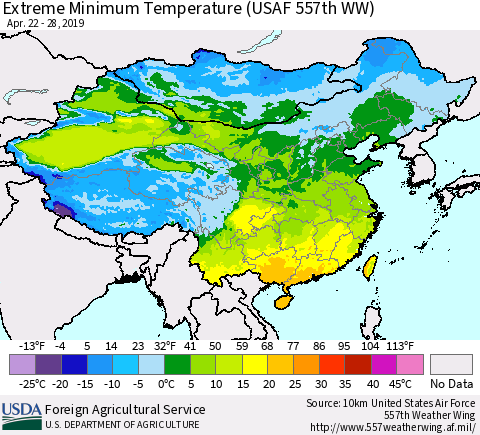 China and Taiwan Extreme Minimum Temperature (USAF 557th WW) Thematic Map For 4/22/2019 - 4/28/2019