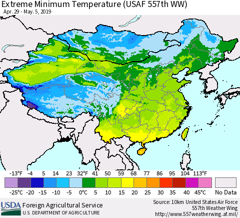 China and Taiwan Extreme Minimum Temperature (USAF 557th WW) Thematic Map For 4/29/2019 - 5/5/2019