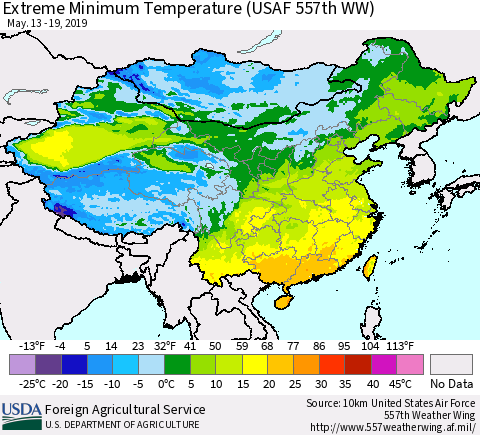 China and Taiwan Extreme Minimum Temperature (USAF 557th WW) Thematic Map For 5/13/2019 - 5/19/2019