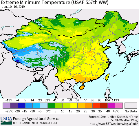 China and Taiwan Extreme Minimum Temperature (USAF 557th WW) Thematic Map For 6/10/2019 - 6/16/2019