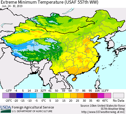 China and Taiwan Extreme Minimum Temperature (USAF 557th WW) Thematic Map For 6/24/2019 - 6/30/2019