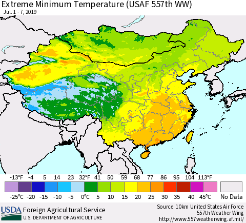 China and Taiwan Extreme Minimum Temperature (USAF 557th WW) Thematic Map For 7/1/2019 - 7/7/2019