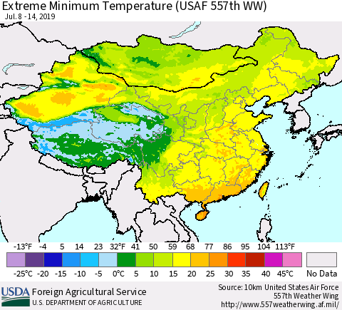 China and Taiwan Extreme Minimum Temperature (USAF 557th WW) Thematic Map For 7/8/2019 - 7/14/2019