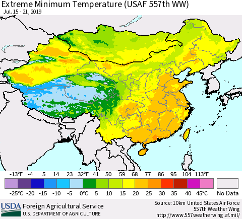 China and Taiwan Extreme Minimum Temperature (USAF 557th WW) Thematic Map For 7/15/2019 - 7/21/2019