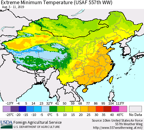 China and Taiwan Extreme Minimum Temperature (USAF 557th WW) Thematic Map For 8/5/2019 - 8/11/2019