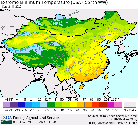 China, Mongolia and Taiwan Minimum Daily Temperature (USAF 557th WW) Thematic Map For 9/2/2019 - 9/8/2019