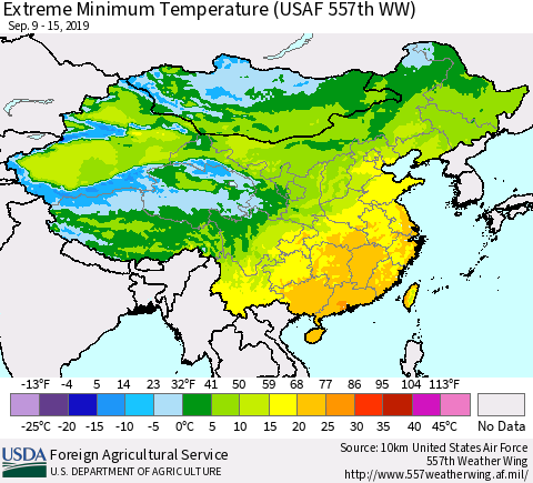 China, Mongolia and Taiwan Minimum Daily Temperature (USAF 557th WW) Thematic Map For 9/9/2019 - 9/15/2019