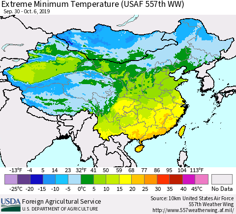 China and Taiwan Extreme Minimum Temperature (USAF 557th WW) Thematic Map For 9/30/2019 - 10/6/2019