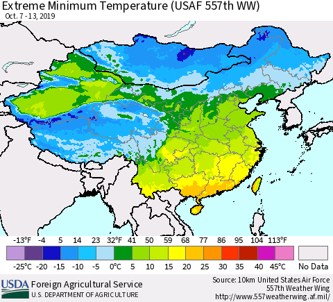 China and Taiwan Extreme Minimum Temperature (USAF 557th WW) Thematic Map For 10/7/2019 - 10/13/2019