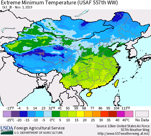 China and Taiwan Extreme Minimum Temperature (USAF 557th WW) Thematic Map For 10/28/2019 - 11/3/2019