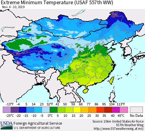 China, Mongolia and Taiwan Minimum Daily Temperature (USAF 557th WW) Thematic Map For 11/4/2019 - 11/10/2019