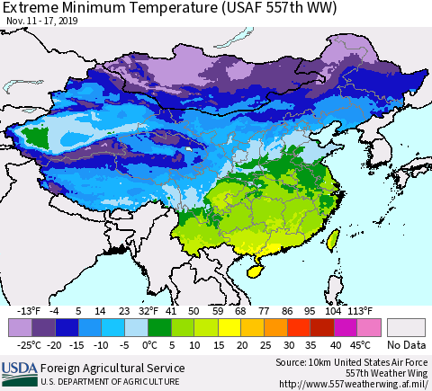 China, Mongolia and Taiwan Minimum Daily Temperature (USAF 557th WW) Thematic Map For 11/11/2019 - 11/17/2019