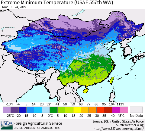 China, Mongolia and Taiwan Minimum Daily Temperature (USAF 557th WW) Thematic Map For 11/18/2019 - 11/24/2019