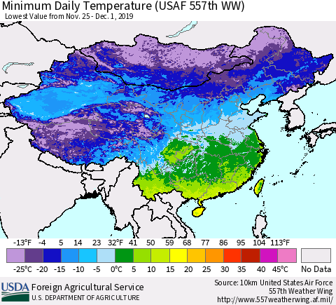 China, Mongolia and Taiwan Minimum Daily Temperature (USAF 557th WW) Thematic Map For 11/25/2019 - 12/1/2019