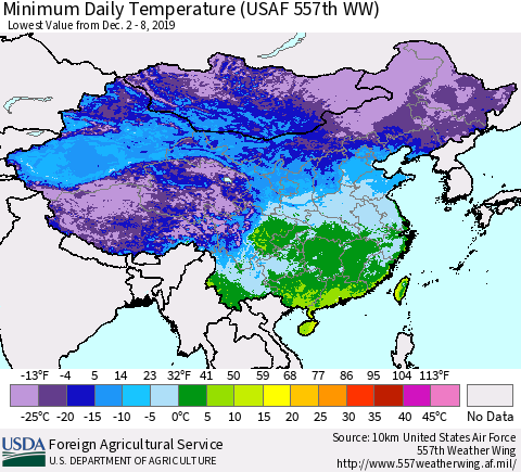 China, Mongolia and Taiwan Minimum Daily Temperature (USAF 557th WW) Thematic Map For 12/2/2019 - 12/8/2019