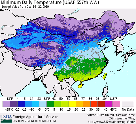 China, Mongolia and Taiwan Minimum Daily Temperature (USAF 557th WW) Thematic Map For 12/16/2019 - 12/22/2019