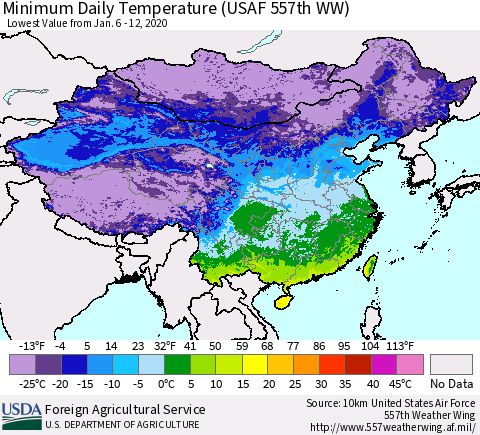 China, Mongolia and Taiwan Minimum Daily Temperature (USAF 557th WW) Thematic Map For 1/6/2020 - 1/12/2020