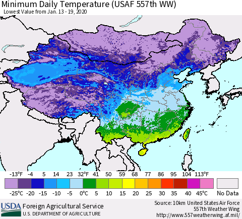 China, Mongolia and Taiwan Minimum Daily Temperature (USAF 557th WW) Thematic Map For 1/13/2020 - 1/19/2020