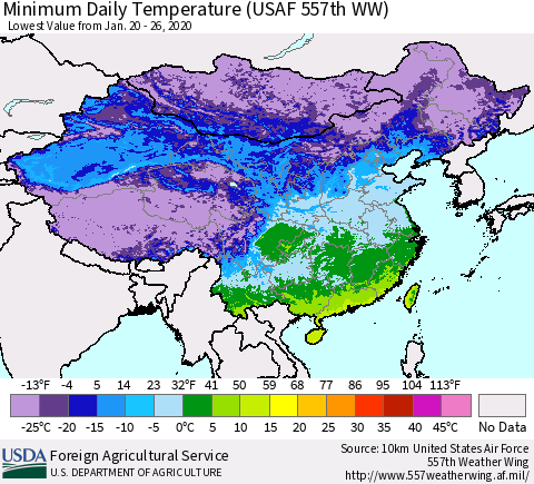 China, Mongolia and Taiwan Minimum Daily Temperature (USAF 557th WW) Thematic Map For 1/20/2020 - 1/26/2020