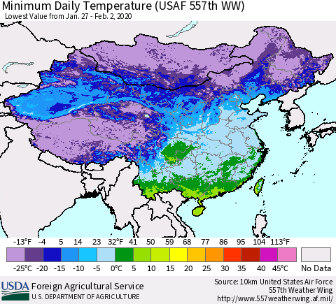 China, Mongolia and Taiwan Minimum Daily Temperature (USAF 557th WW) Thematic Map For 1/27/2020 - 2/2/2020