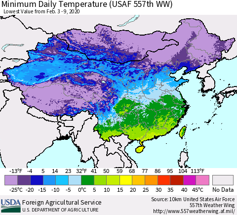 China, Mongolia and Taiwan Minimum Daily Temperature (USAF 557th WW) Thematic Map For 2/3/2020 - 2/9/2020