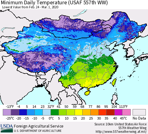 China, Mongolia and Taiwan Minimum Daily Temperature (USAF 557th WW) Thematic Map For 2/24/2020 - 3/1/2020