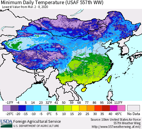 China, Mongolia and Taiwan Minimum Daily Temperature (USAF 557th WW) Thematic Map For 3/2/2020 - 3/8/2020